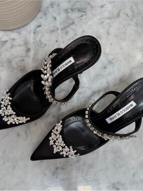 Manolo Blahnik Black Crystal-Embellished Pointed Toe Slingback Pumps